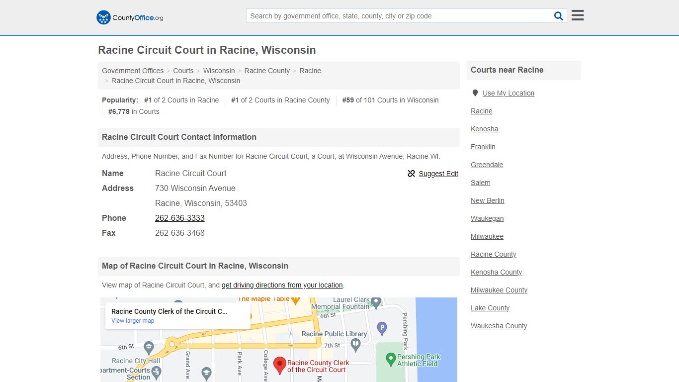 Racine Circuit Court - Racine, WI (Address, Phone, and Fax)