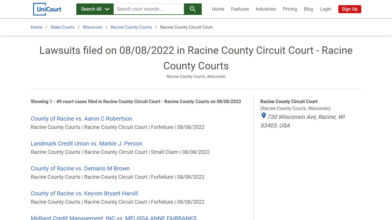 Lawsuits filed on 08/08/2022 in Racine County Circuit Court - Racine ...